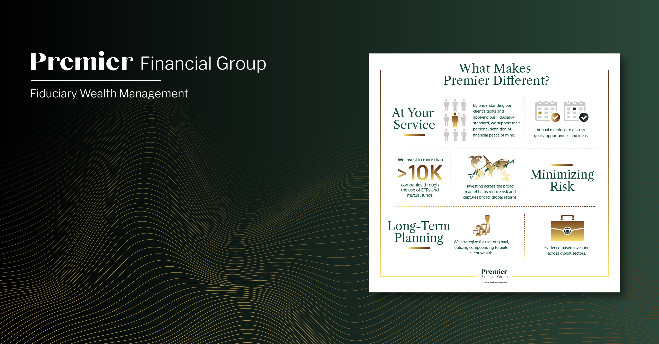 A green banner with gold wavy lines and the Premier Financial logo. An infographic explaining what makes Premier Financial different.