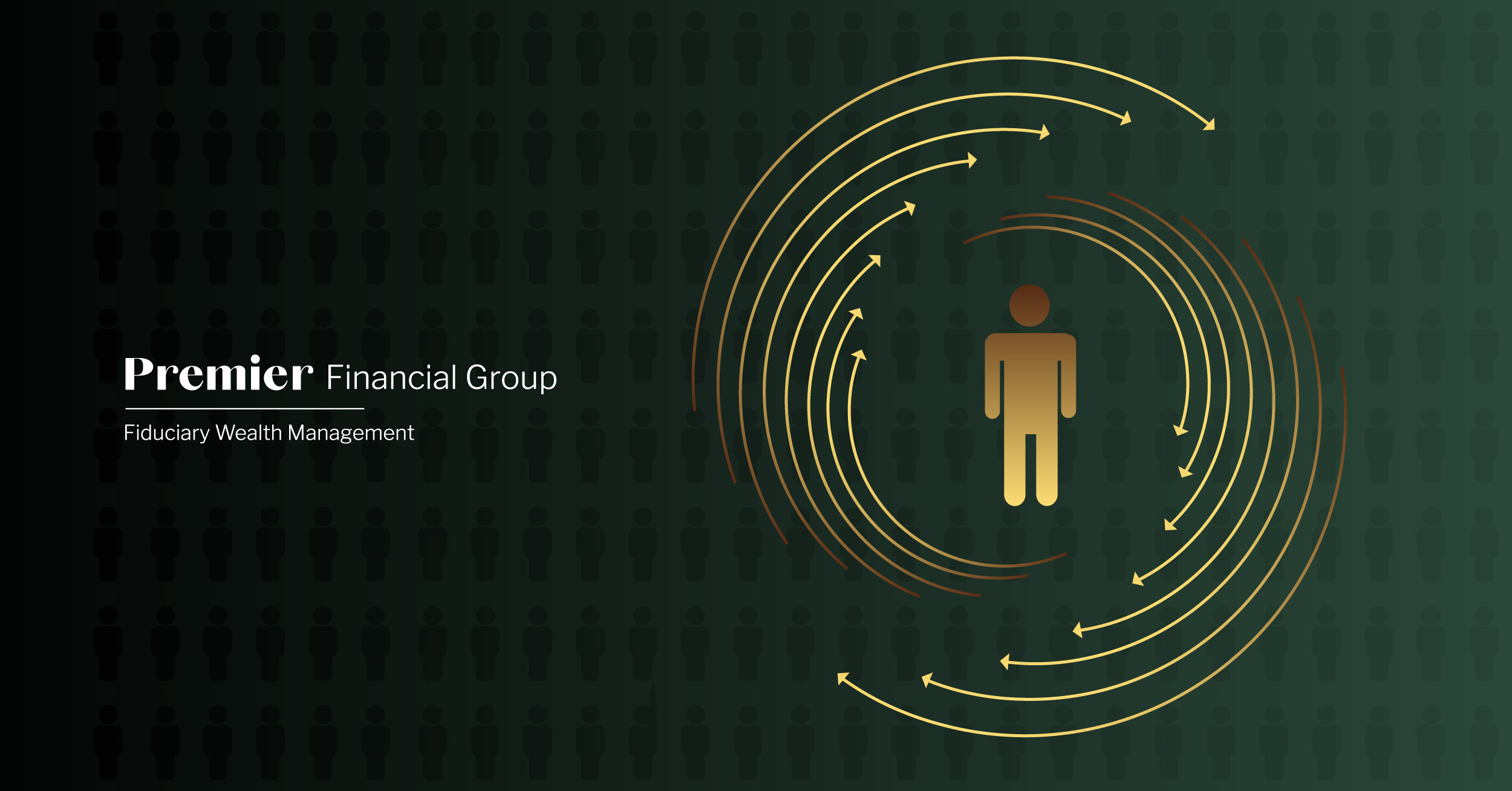 Banner graphic for Premier's Turnover Trouble blog. Green rectangle with gold gradient figure and gradient arrows revolving clockwise around person. Multiple figures subtly positioned in background behind aforementioned figure.