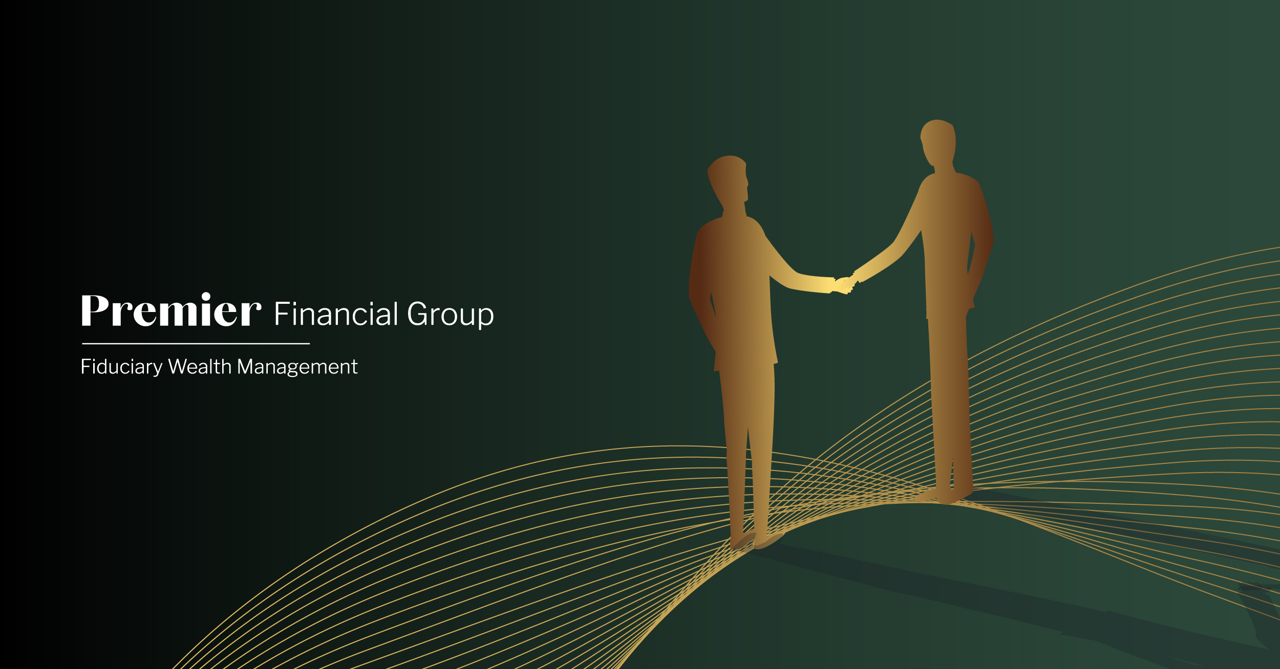 Featured image for The Power of Introductions blog post. Green rectangular shaped banner with Premier logo in white. Vector of two figures shaking hands in gold.