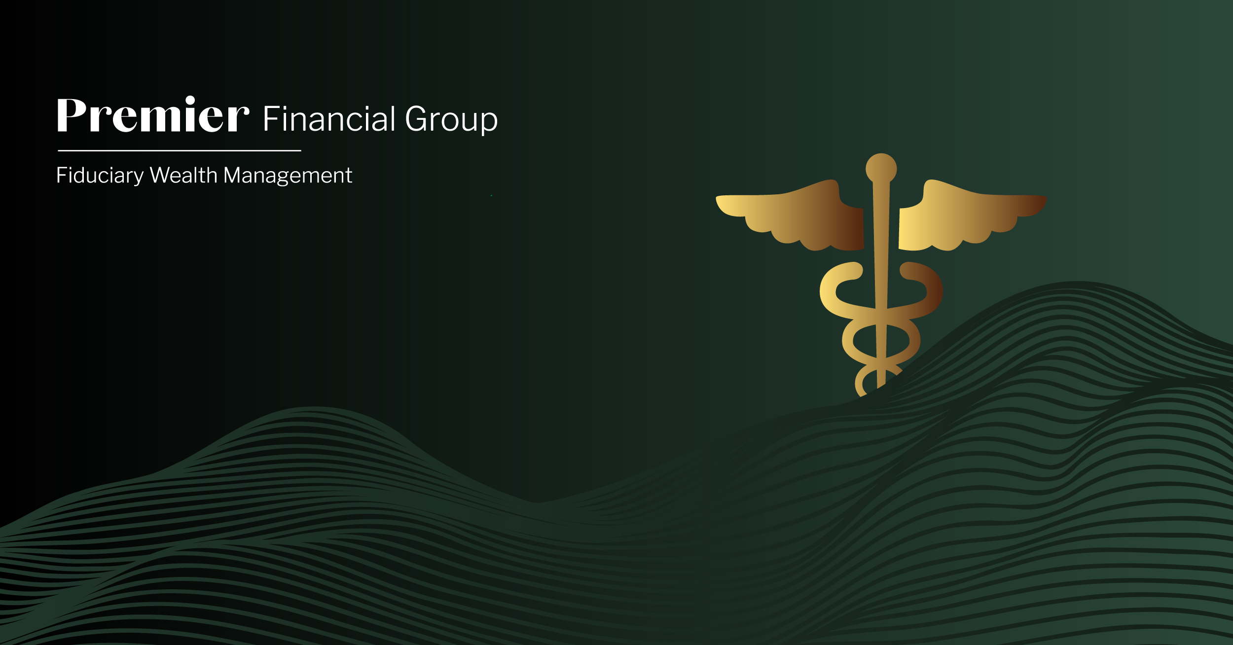 Banner graphic for Premi'er Rural Healthcase and Peace of Mind blog. Green background with tonal wavy lines at the bottom. Premier Financial logo in white at top left. Healthcare / caduceus symbol, stake with line running up the bottom and wings on both sides, appears in the middle right.