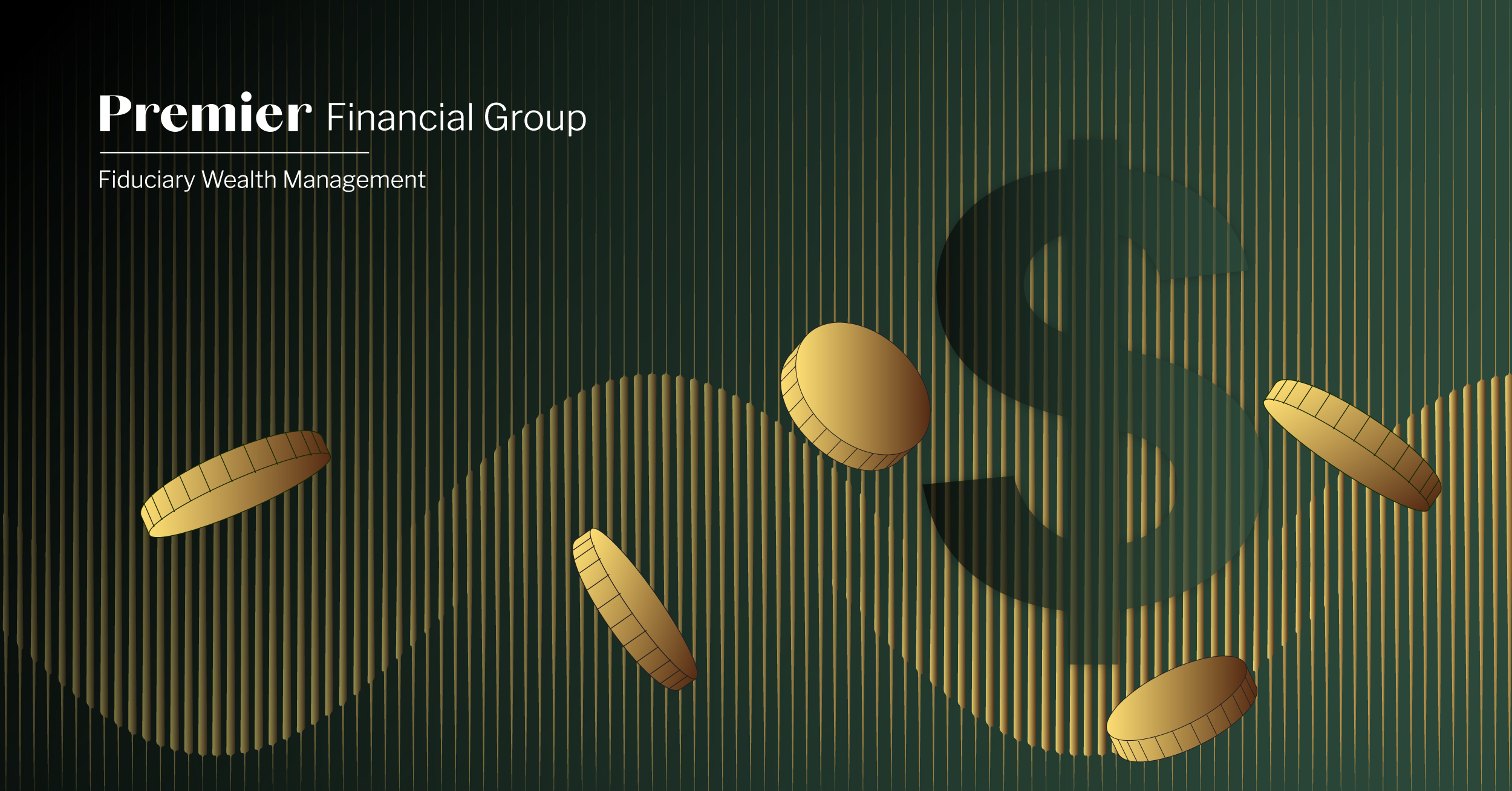 Banner graphic for Premier's Understanding Required Minimum Distributions blog post. Green background. Premier logo in white. Gold coins trickle through the graphic and a green dollar sign.