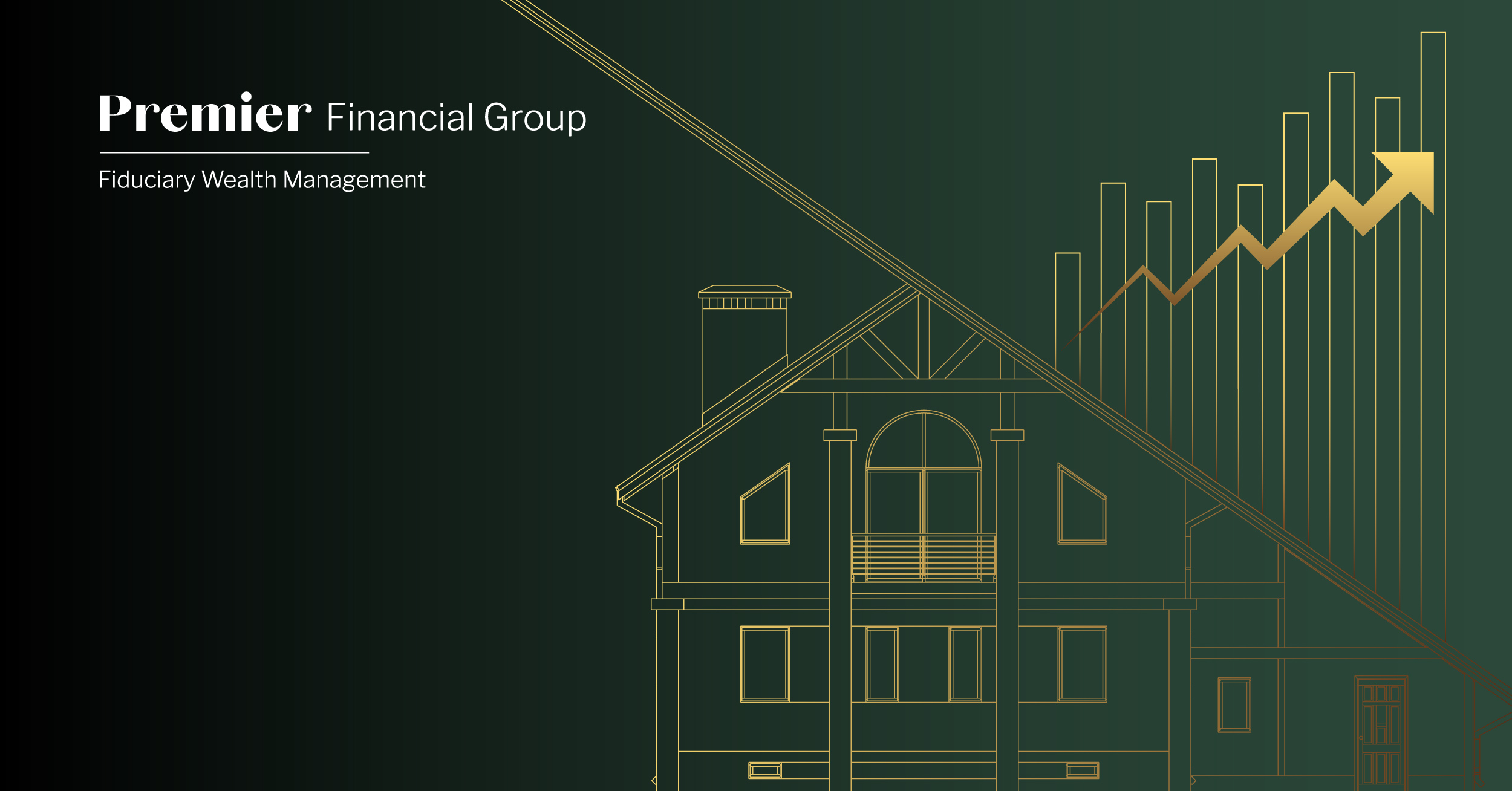 Featured image for Premier Financial's How To Think About Housing blog. Green background. Gold outline of home. Premier Financial logo in white.