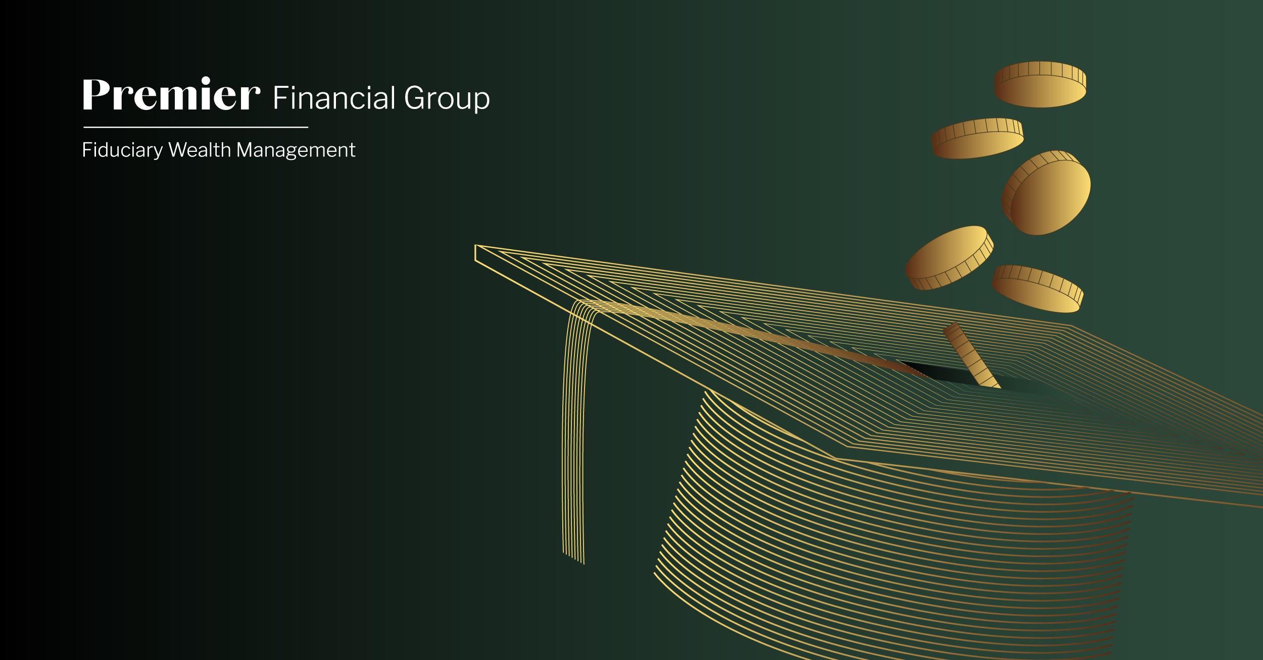 Featured graphic for Saving For College blog by Premier Financial. Premier logo in white, green background and a gold graduation cap with coins above symbolizing money.