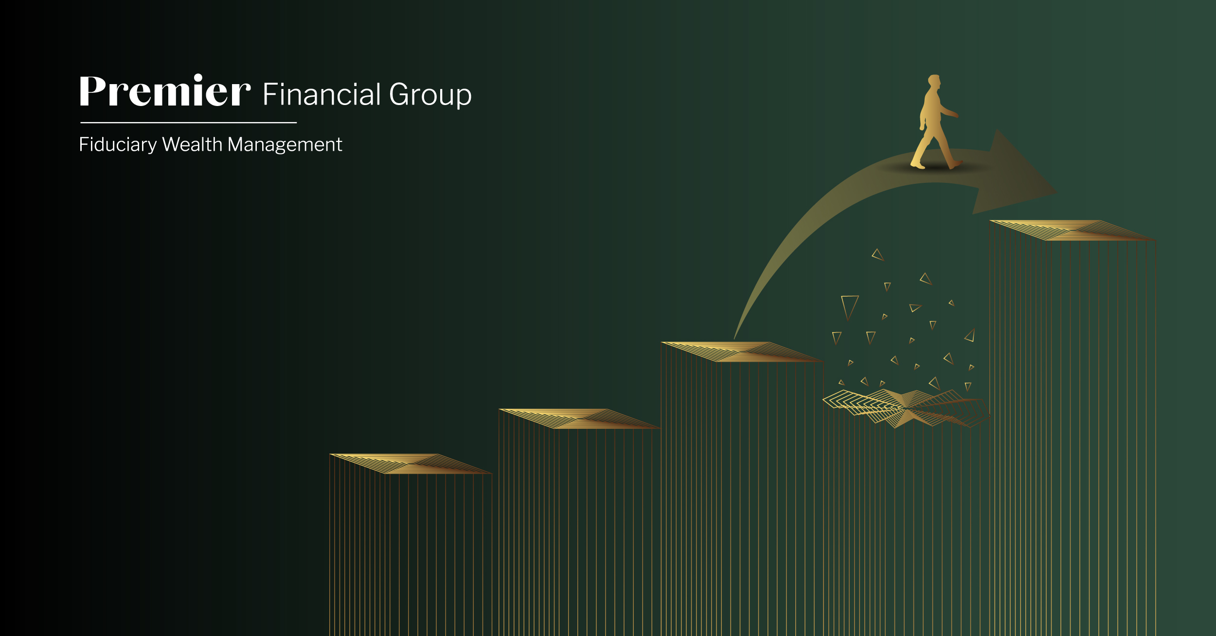 Graphic for Premier's Why Most Investors Are Set Up to Fail blog. Green background. Gold vectors resembling steps and person hopping over a broken step.