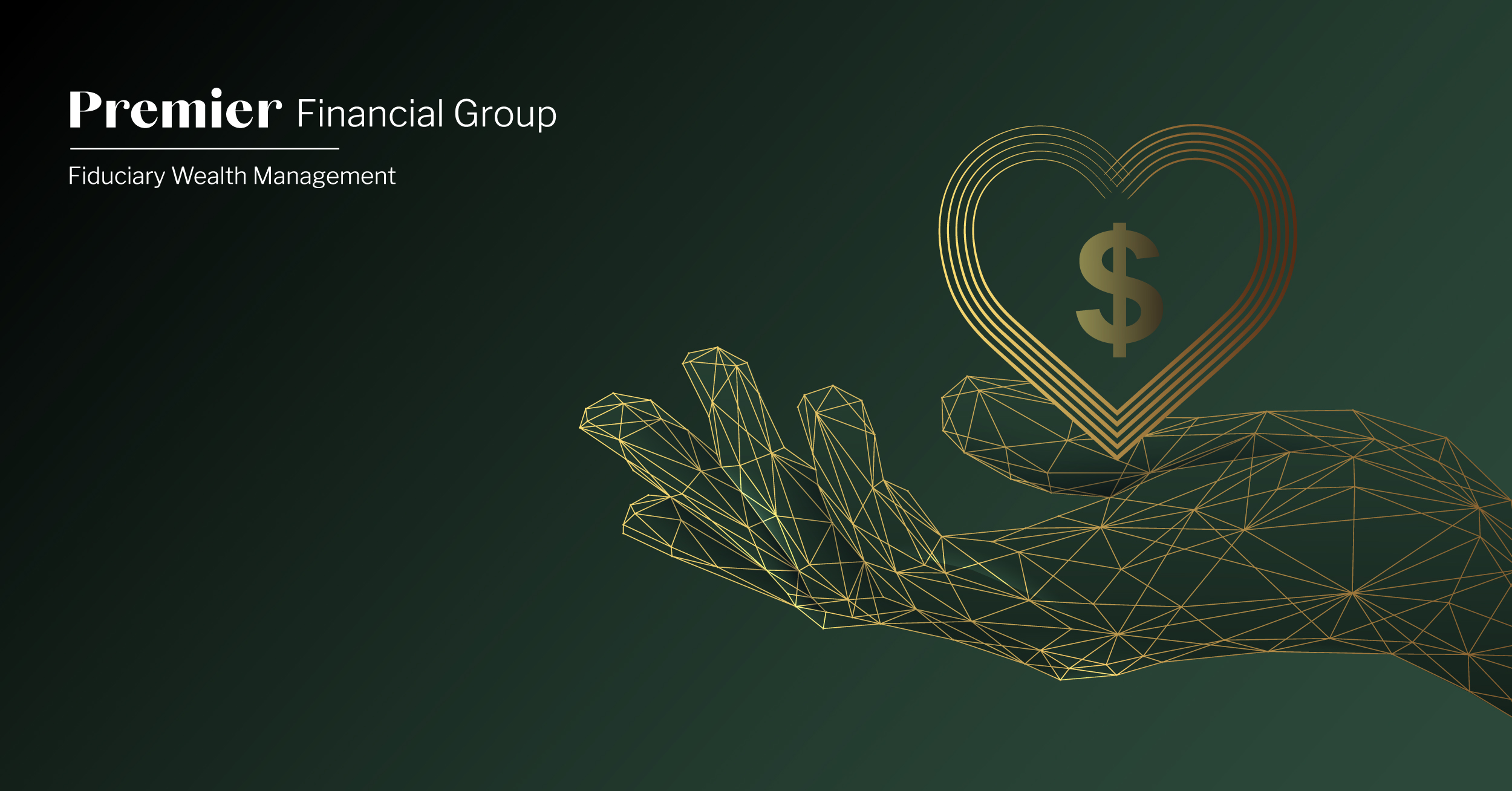 Featured blog graphic for Premier's Charitable Giving blog. Green gradient background with Premier logo in white. Golden vector graphic of a hand with a heart, with a money sign inside.