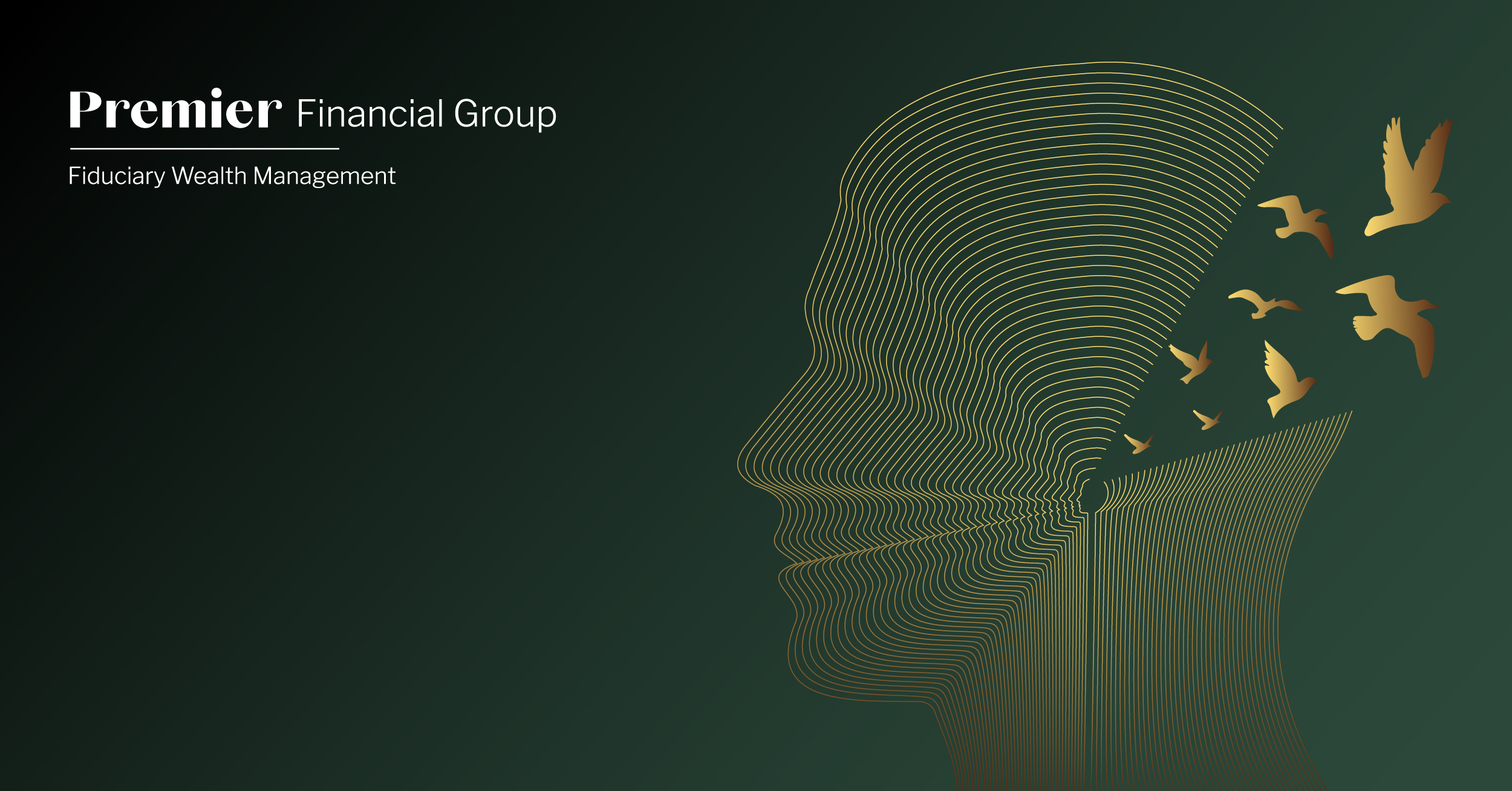 Featured blog graphic for Premier's Cultivating Gratitude in Your Financial Life blog. Green gradient background. Premier Financial logo in white. Gold vector illustration of a person's head with gold dove's flying out from the back of the head.