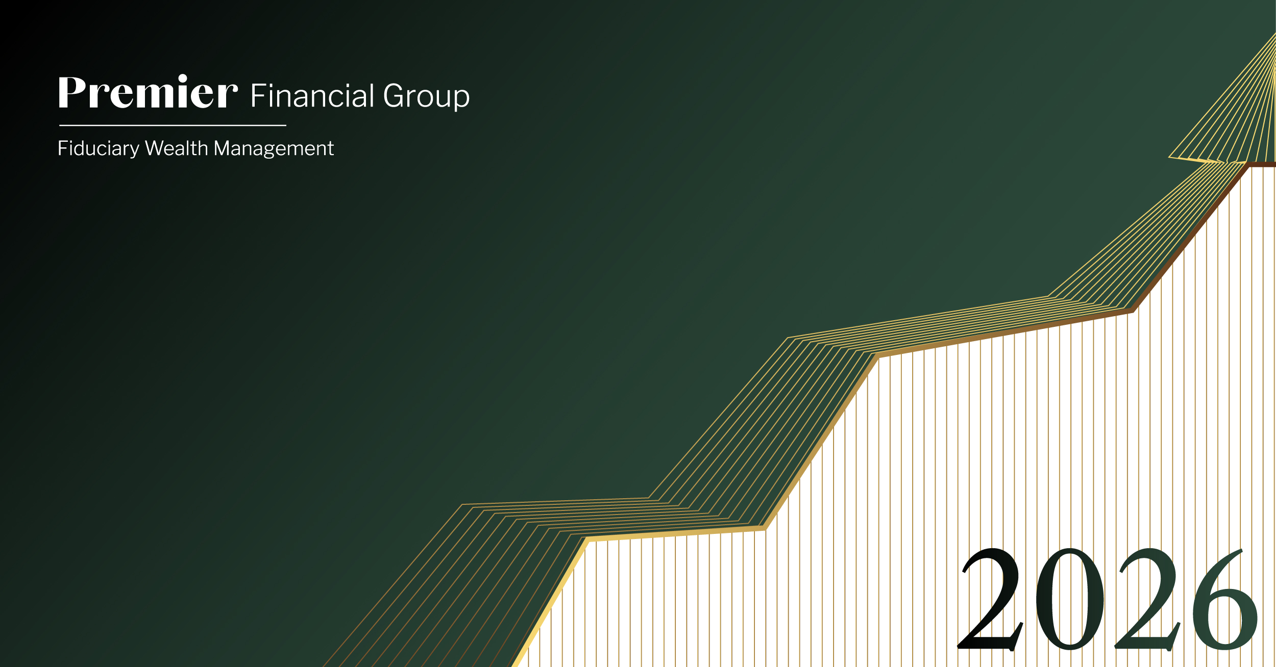 Featured graphic for Premier Financial's Setting Goals for Peace of Mind blog. Green gradient background with white Premier Financial logo. Vector graphic in gold showing lines escalating representative of stock going up. 2026 in green.
