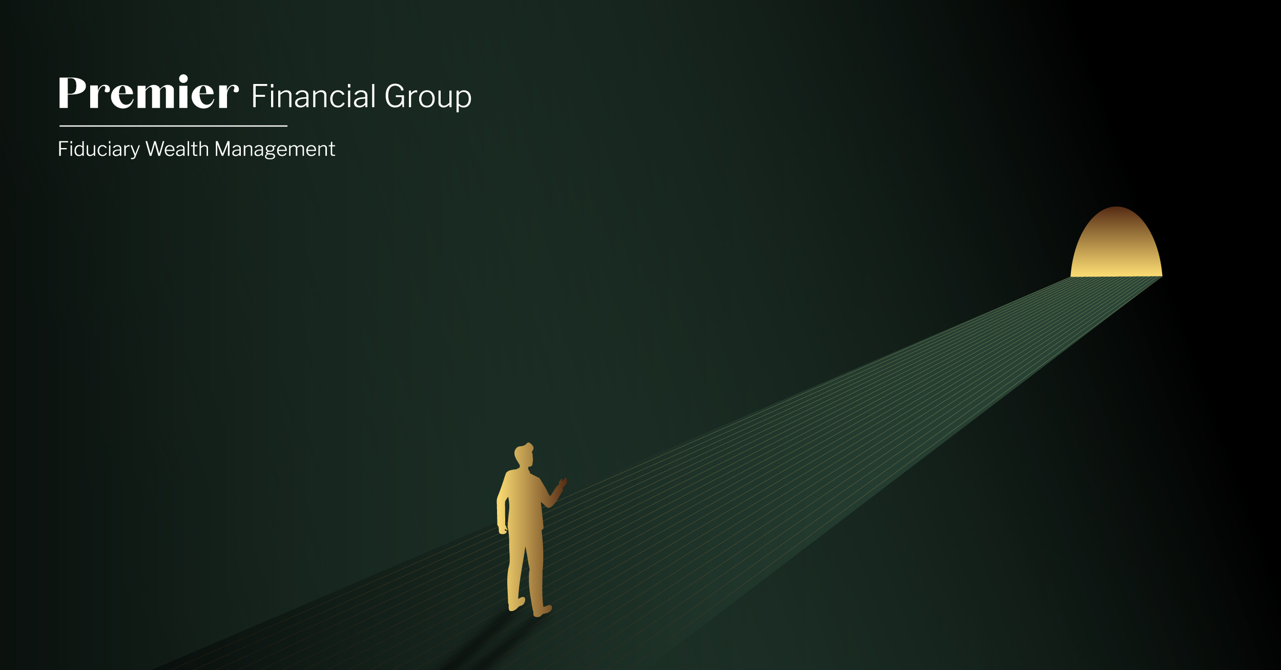 Blog graphic for Premier Financial The Power of Optimism blog. Green background. Premier Financial logo in white. Gold vector of person facing open path with light.