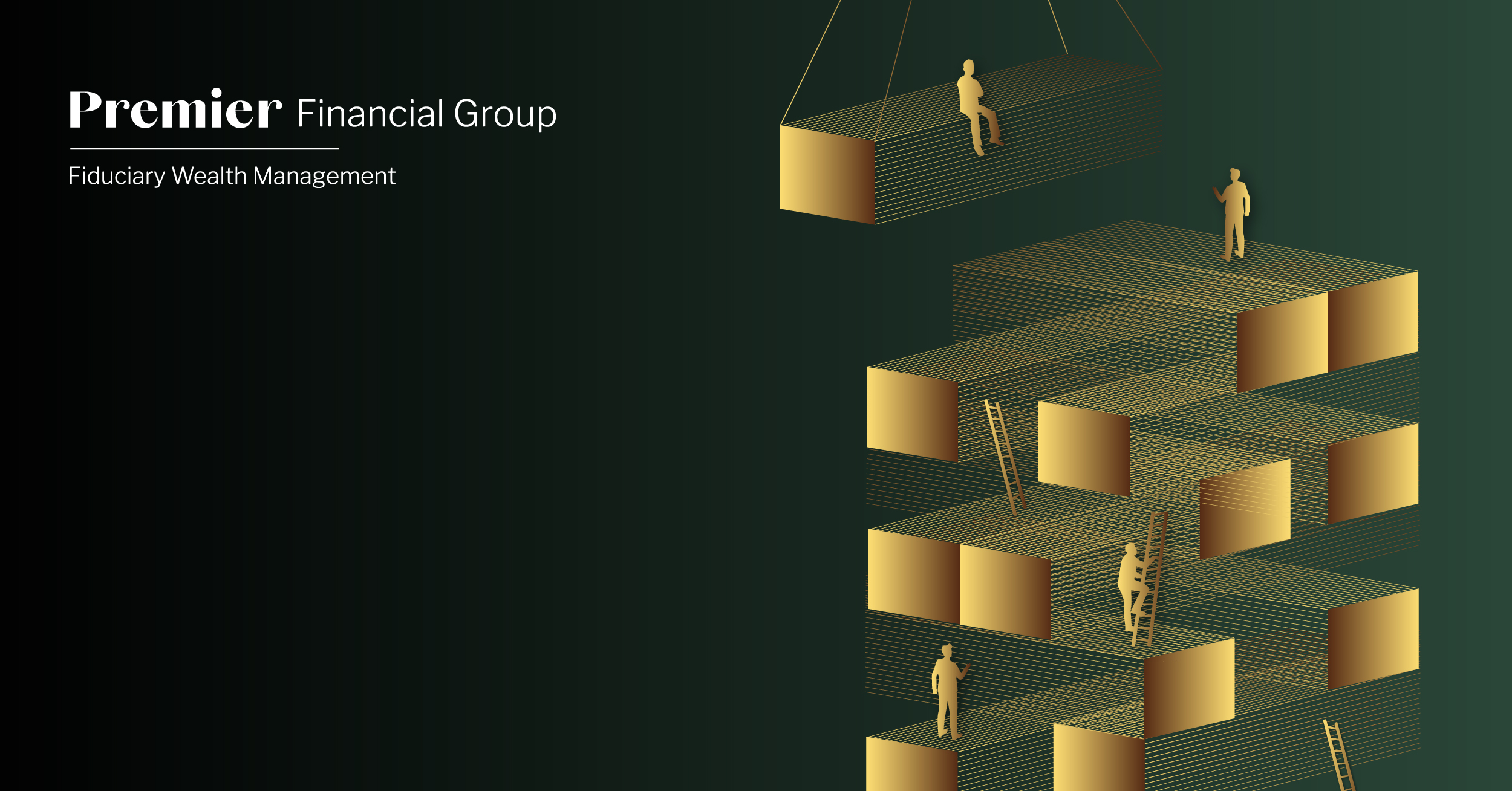 Featured graphic for Premier's High Internal Standards blog. White Premier Financial logo in top left. Green gradient background throughout. Gold vector of person climbing ladders and floor levels.