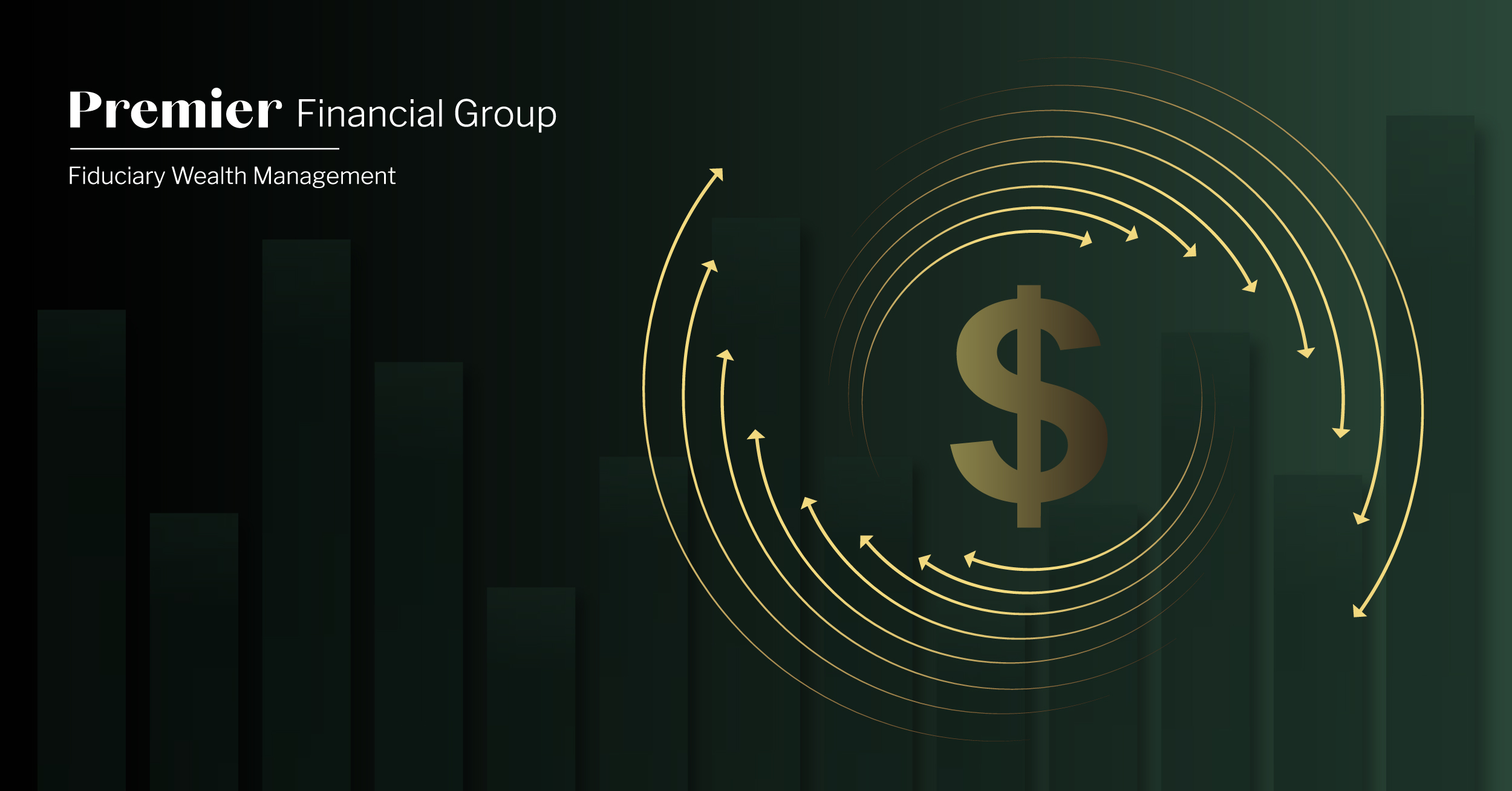 Featured graphic for Tax Refund blog. Gold dollar sign surrounded by multiple counterclockwise gold arrows. Premier Financial logo in white. Green gradient background.